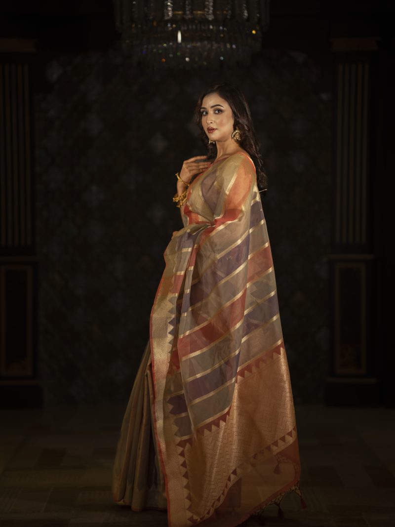 Casual Wear Tissue Maslin Saree Designed In Feroza & Pink