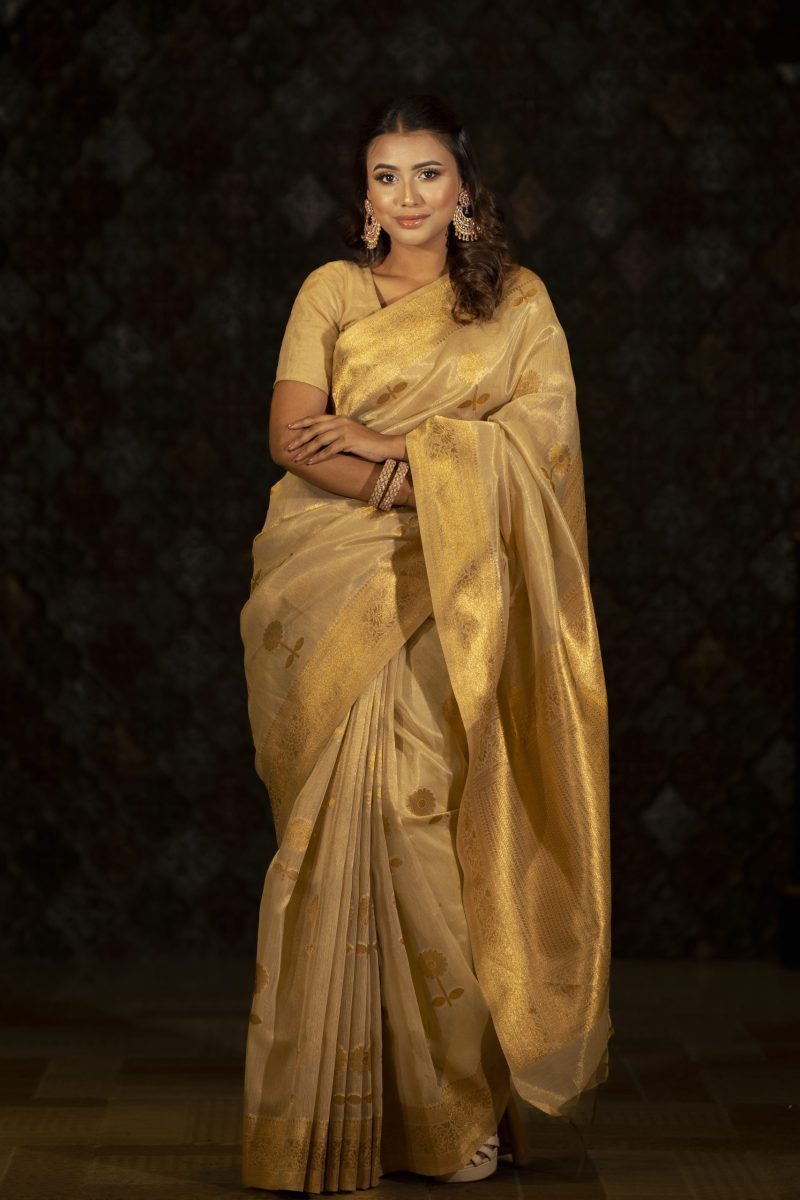 Golden Zari Designed Kora Silk Saree