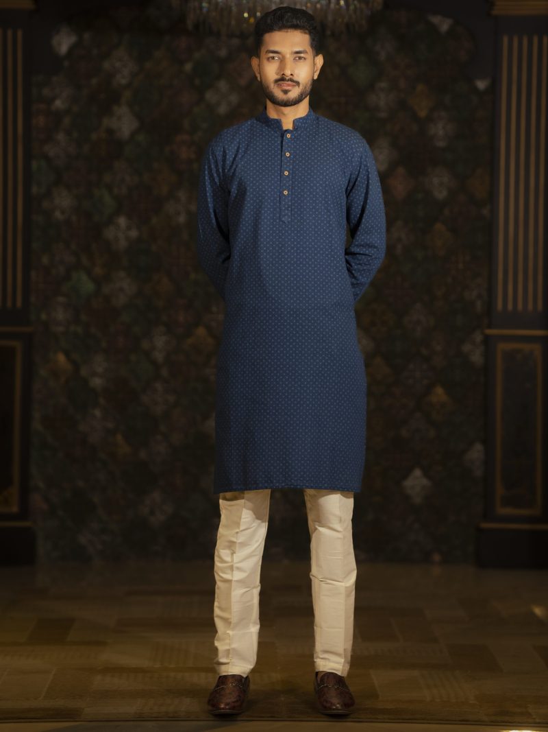 Printed Designer Cotton Blue Panjabi - Image 2