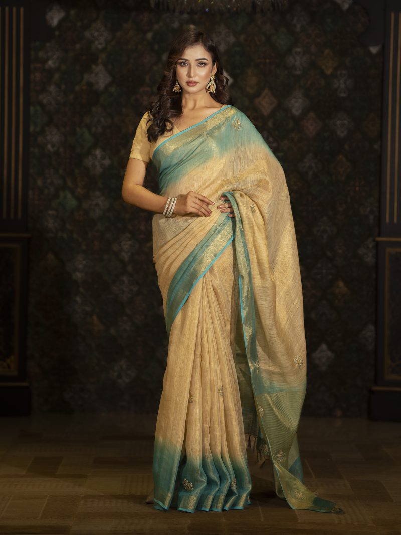 Glamourous Kora Silk Casual Wear Saree Designed In Golden, Peach And Feroza Color