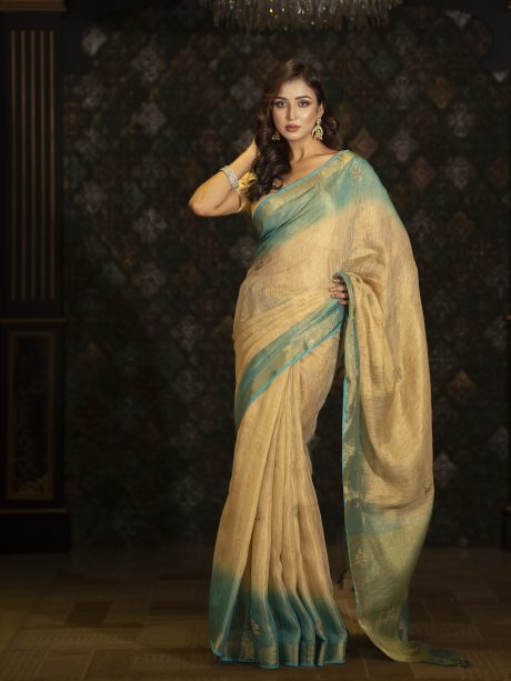 Glamourous Kora Silk Casual Wear Saree Designed In Golden, Peach And Feroza Color