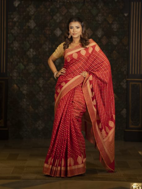 Casual Wear Half Silk Saree Designed in Magenta, Green and Coffee Color