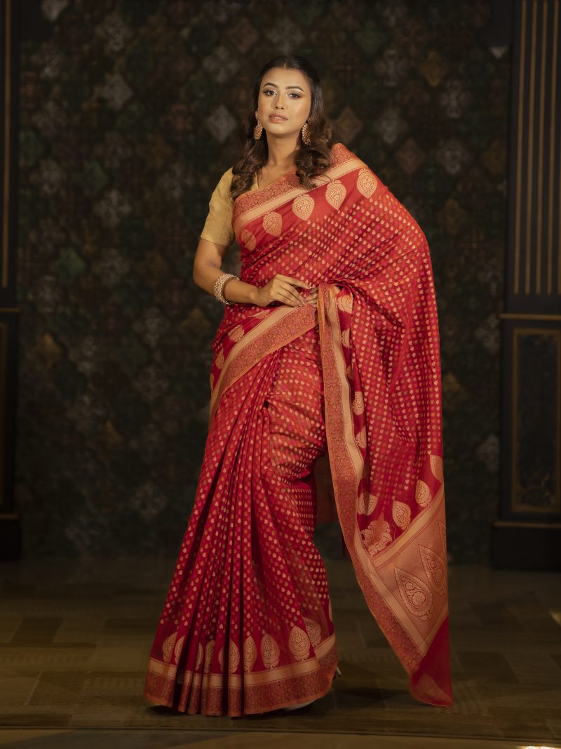 Casual Wear Half Silk Saree Designed in Magenta, Green and Coffee Color