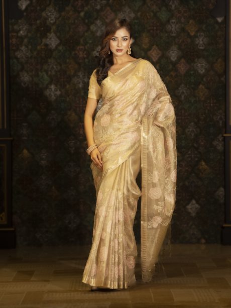 Casual Wear Kota Saree Perfectly Designed In Golden Pink & Pest Color