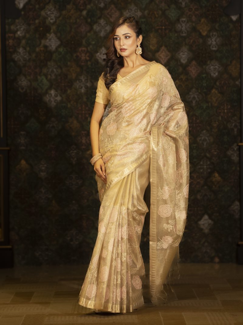 Casual Wear Kota Saree Perfectly Designed In Golden Pink & Pest Color