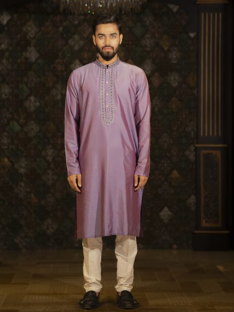 Party Wear Silk Panjabi Designed In Lilac Color
