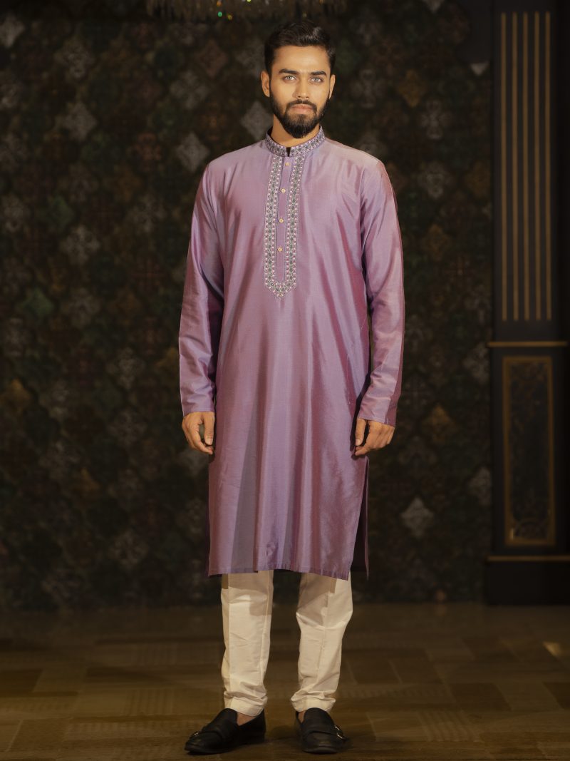 Party Wear Silk Panjabi Designed In Lilac Color