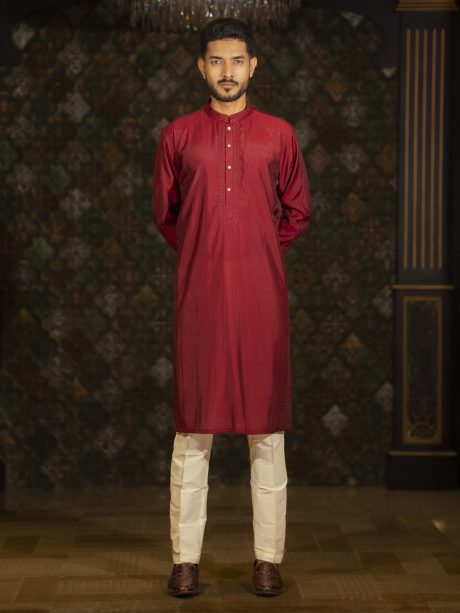 Regular Fit Maroon Color Silk Panjabi For Eid