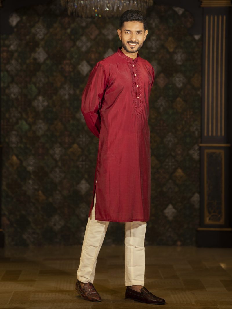 Regular Fit Maroon Color Silk Panjabi For Eid