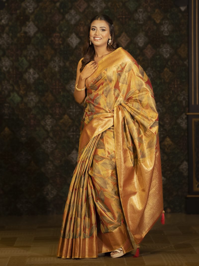 Casual Wear Golden Color Tissue Silk Saree
