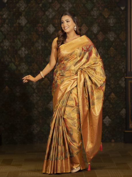 Casual Wear Golden Color Tissue Silk Saree