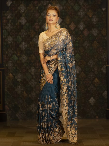 Sea Green Casual Wear Maslin Saree Designed In Jori Cotton Work
