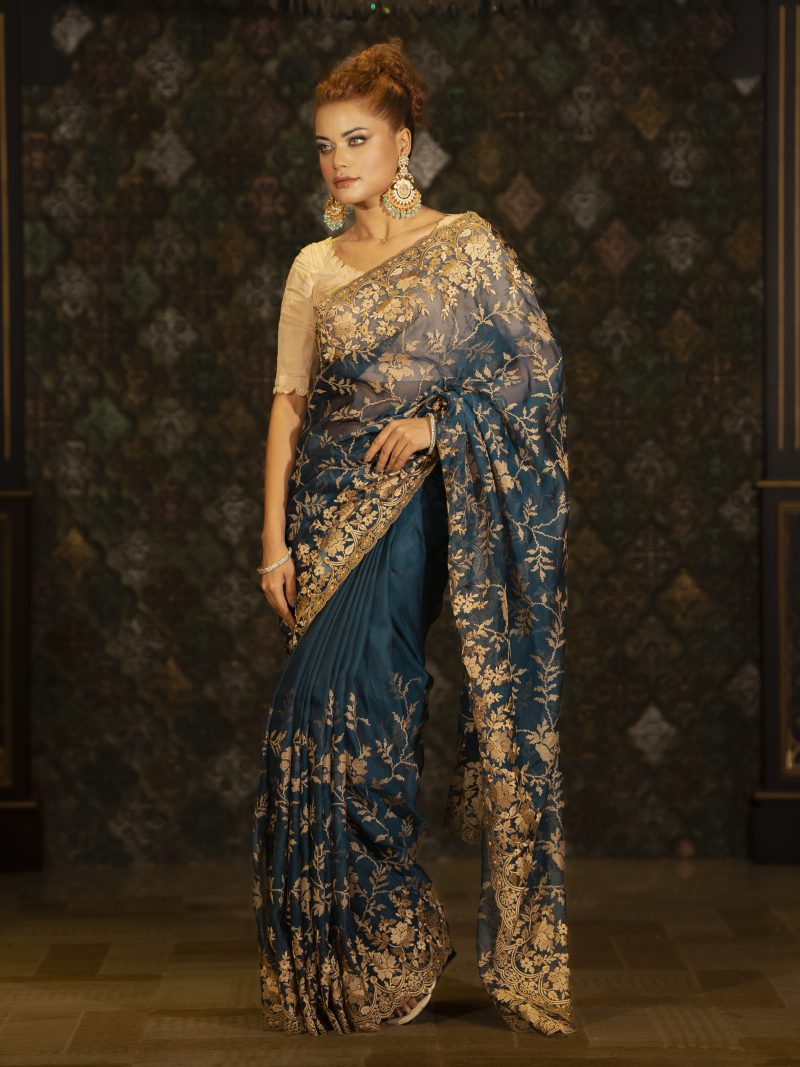 Sea Green Casual Wear Maslin Saree Designed In Jori Cotton Work