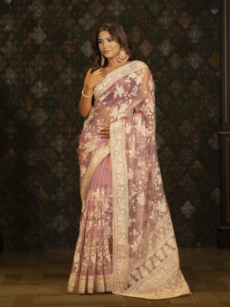 Splendid Party Wear Organja Saree Designed In Lavender Color