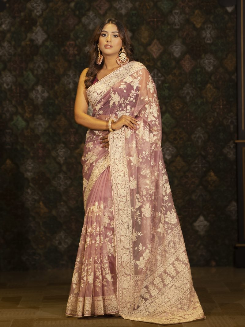 Splendid Party Wear Organja Saree Designed In Lavender Color