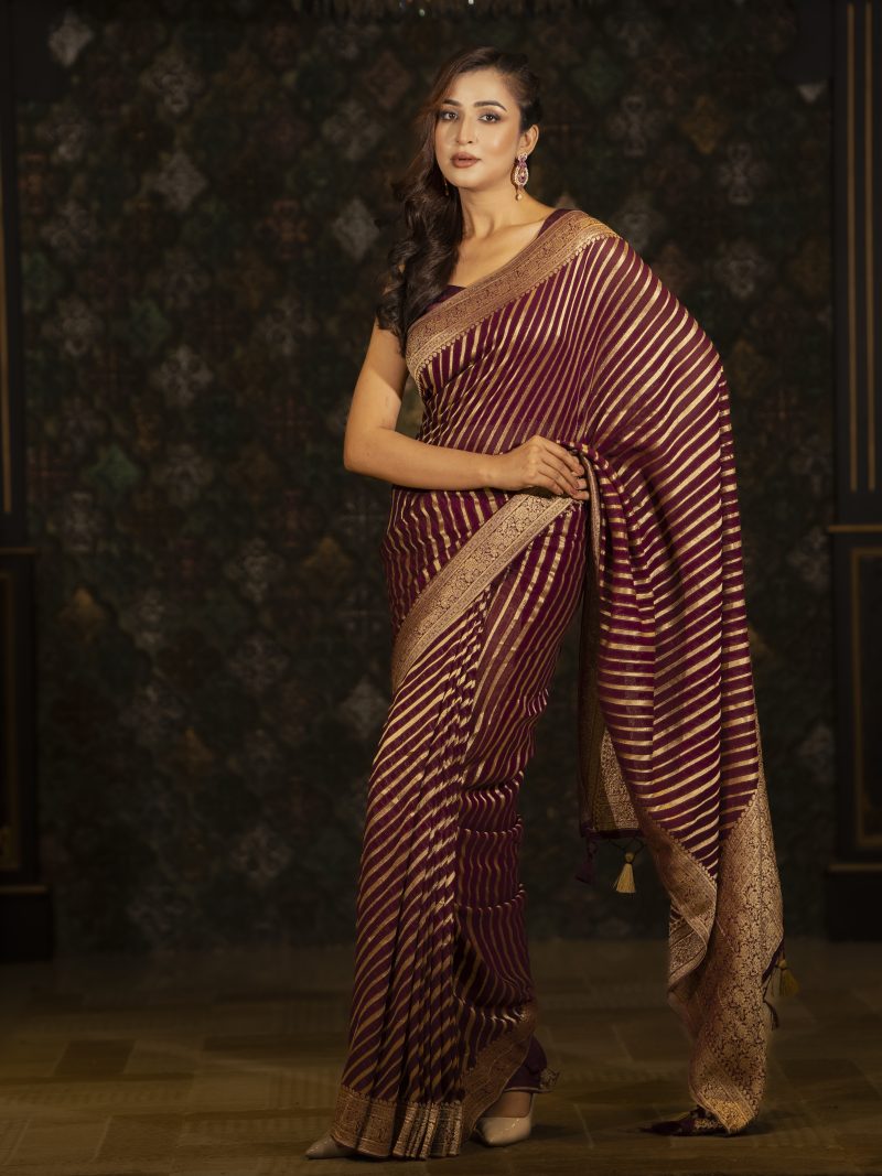 Party Wear Wine Color Georgette Saree - Image 3