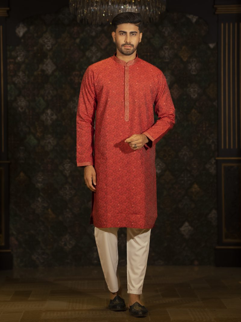 Festive Gray Reddish Colored Cotton Panjabi