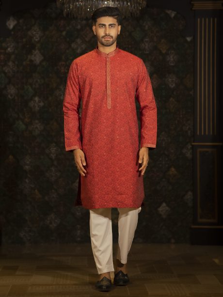 Festive Gray Reddish Colored Cotton Panjabi