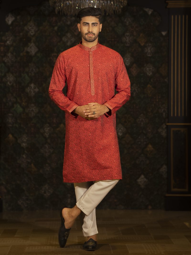 Festive Gray Reddish Colored Cotton Panjabi