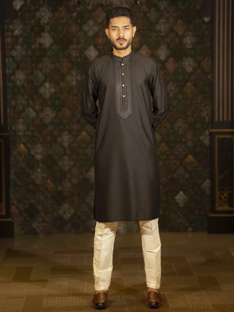 Black Hand Crafted Designed Cotton Panjabi For Eid