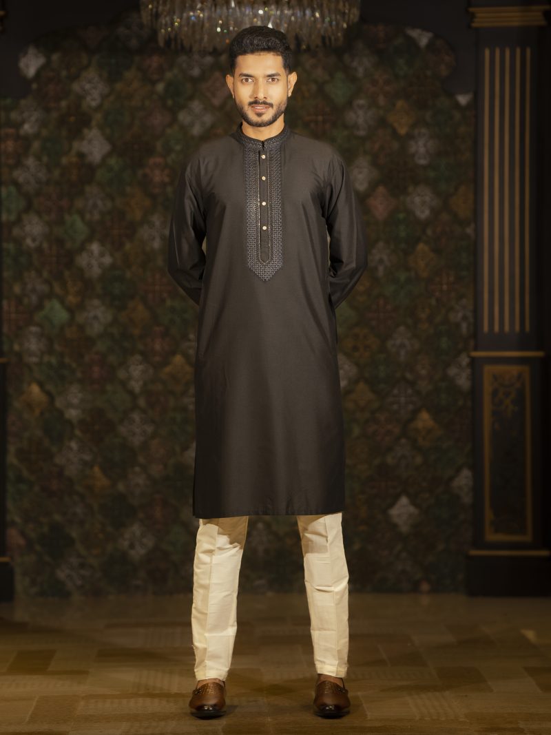 Black Hand Crafted Designed Cotton Panjabi For Eid