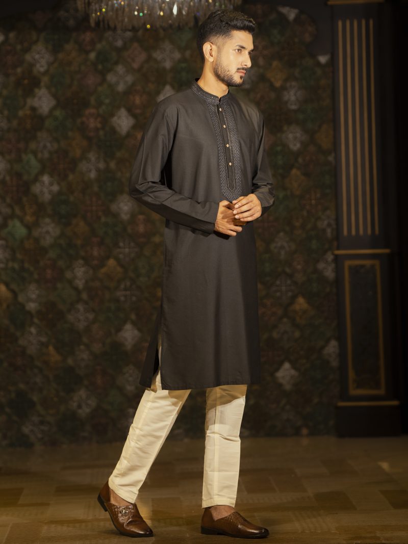 Black Hand Crafted Designed Cotton Panjabi For Eid
