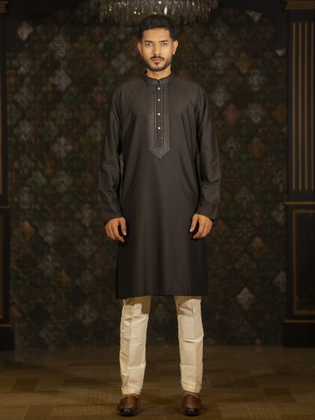 Black Hand Crafted Designed Cotton Panjabi For Eid