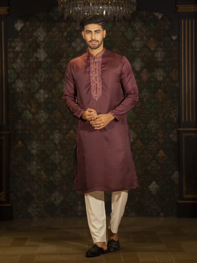 Plum Embroidered Chocolate Colored Silk Panjabi - Image 2