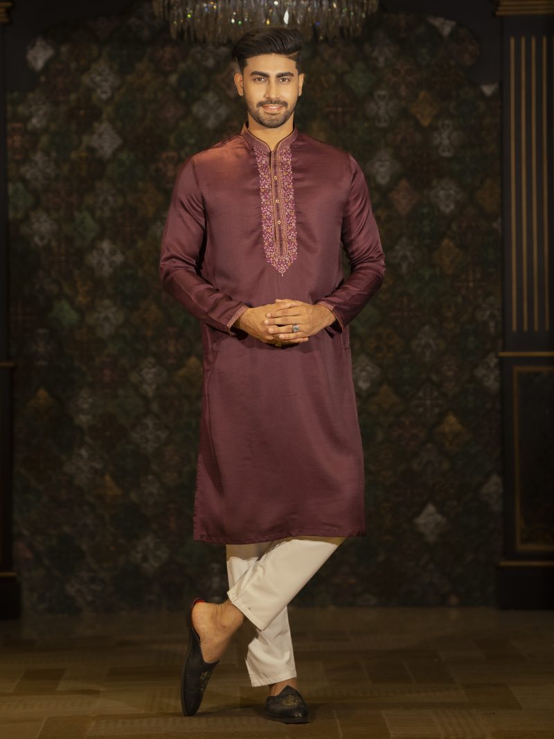 Plum Embroidered Chocolate Colored Silk Panjabi