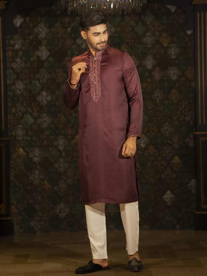 Plum Embroidered Chocolate Colored Silk Panjabi - Image 3