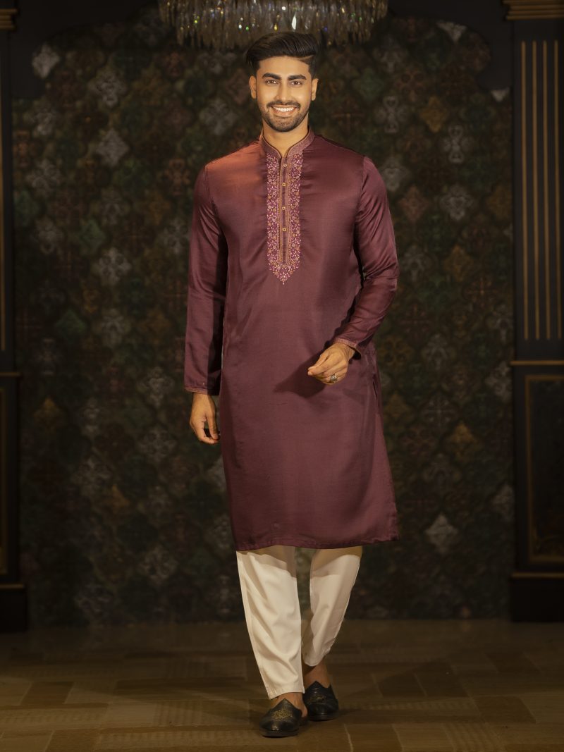Plum Embroidered Chocolate Colored Silk Panjabi - Image 4
