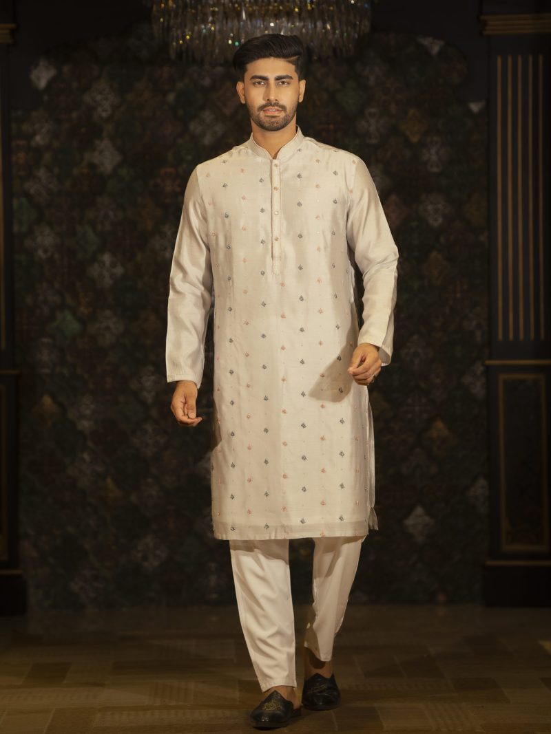 Party Wear Gray Colored Silk Panjabi