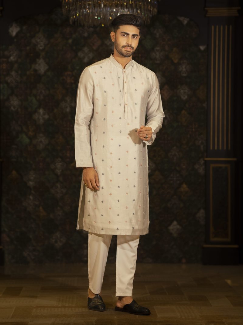 Party Wear Gray Colored Silk Panjabi