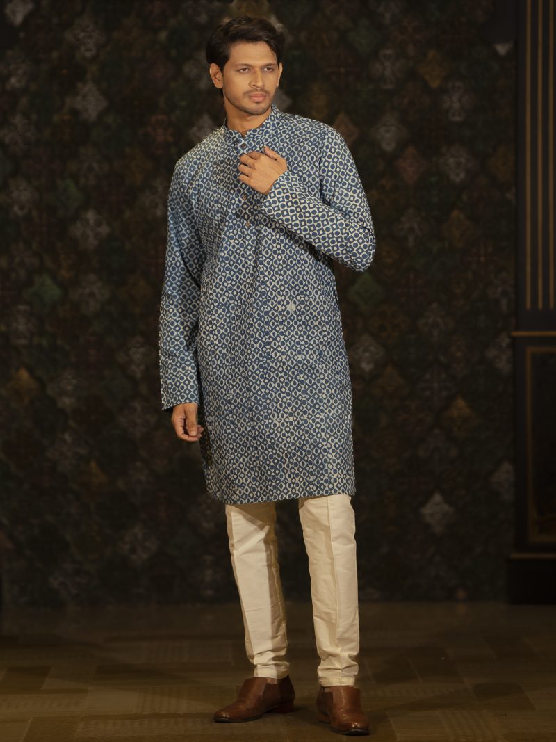 Printed Blue Color Casual Wear Cotton Panjabi