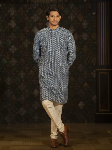 Printed Blue Color Casual Wear Cotton Panjabi
