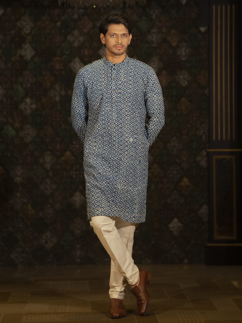 Printed Blue Color Casual Wear Cotton Panjabi