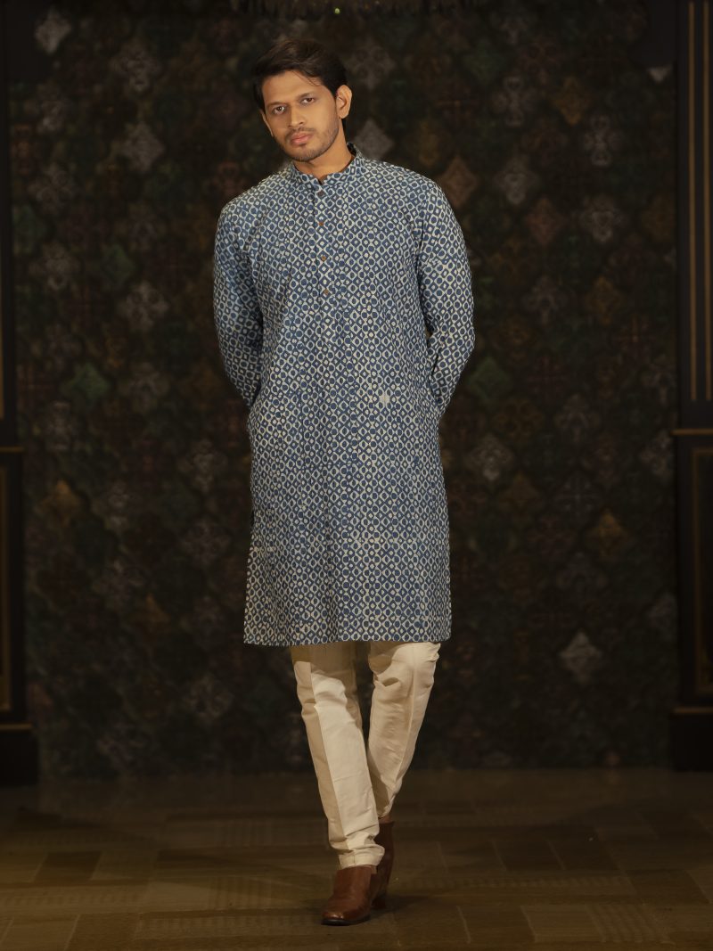Printed Blue Color Casual Wear Cotton Panjabi