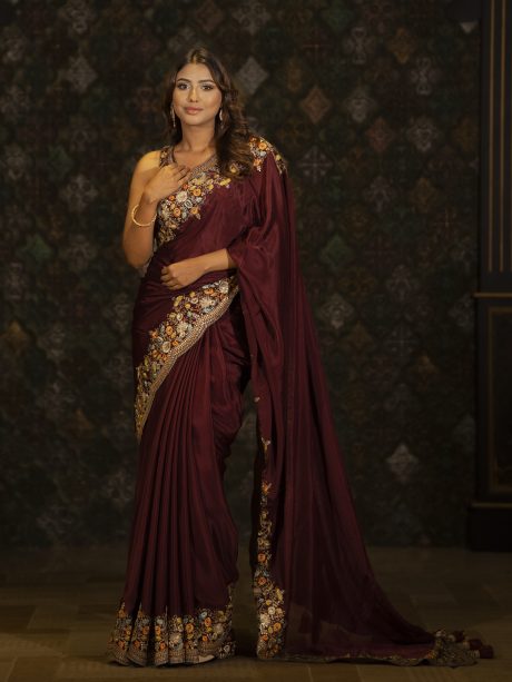 Dazzling Party Wear Saree Based On Purple Crape Silk