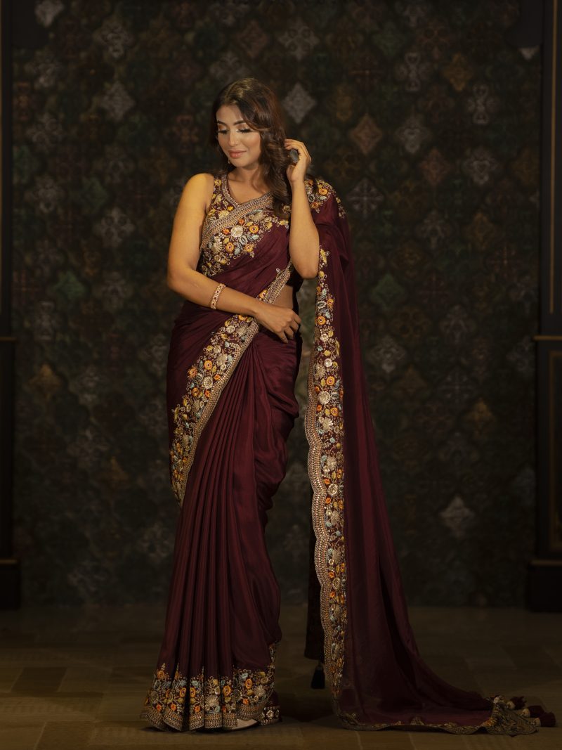 Dazzling Party Wear Saree Based On Purple Crape Silk