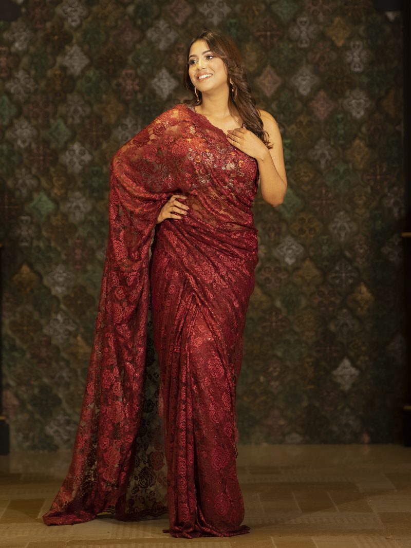 Gergeous Maroon Color Party Wear Net Saree