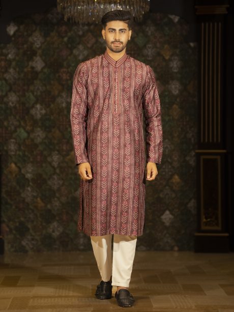 Printed Purple Color Silk Panjabi
