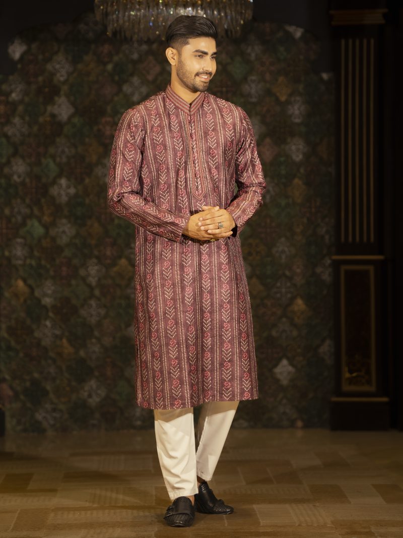 Printed Purple Color Silk Panjabi