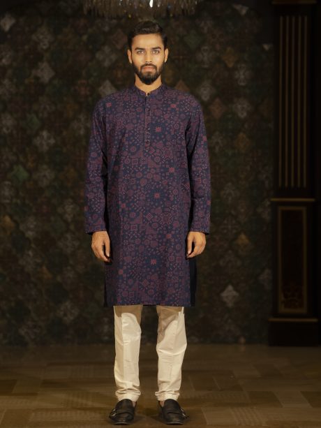 Regular Fit Blue Printed Eid Panjabi