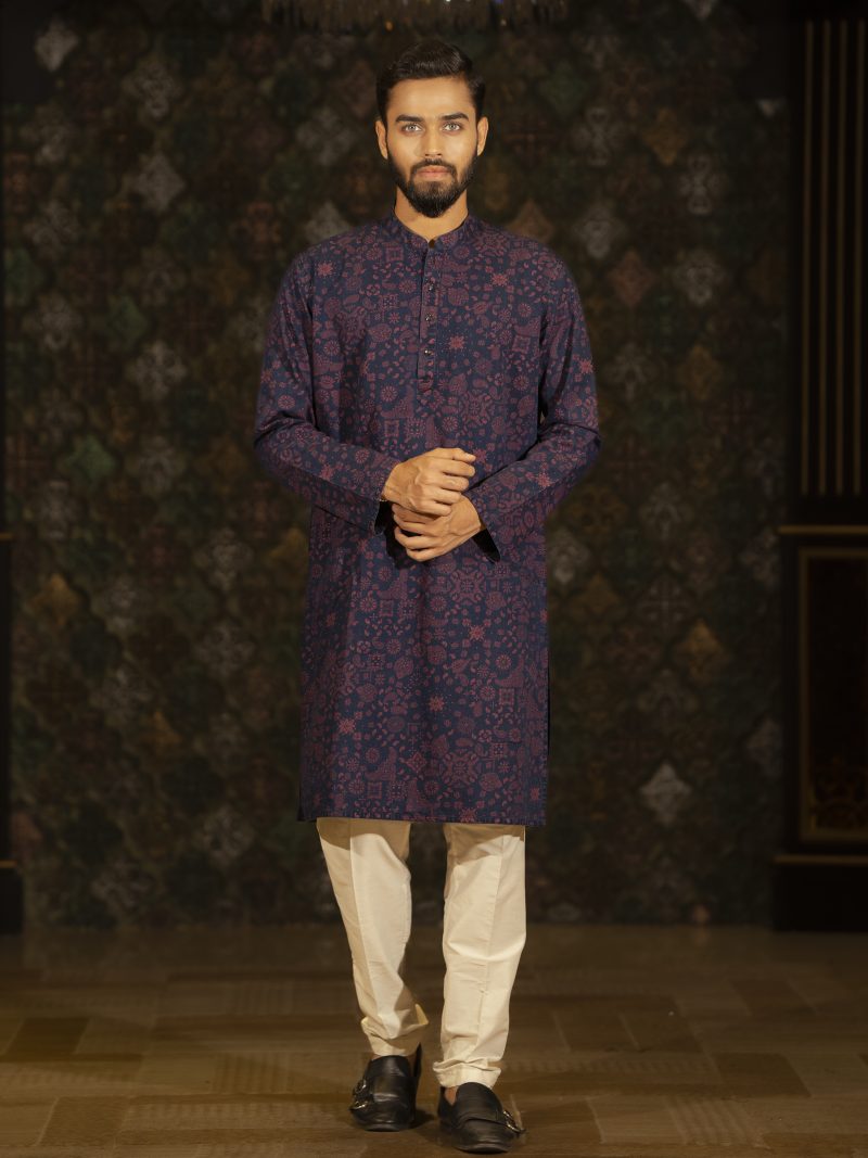 Regular Fit Blue Printed Eid Panjabi