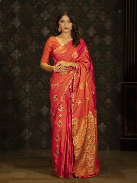 Party Wear Mina Katan Silk Saree Designed in Vibrant Pink Color