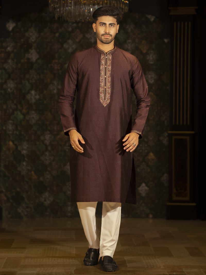 Hand Crafted Chocolate Colored Cotton Panjabi