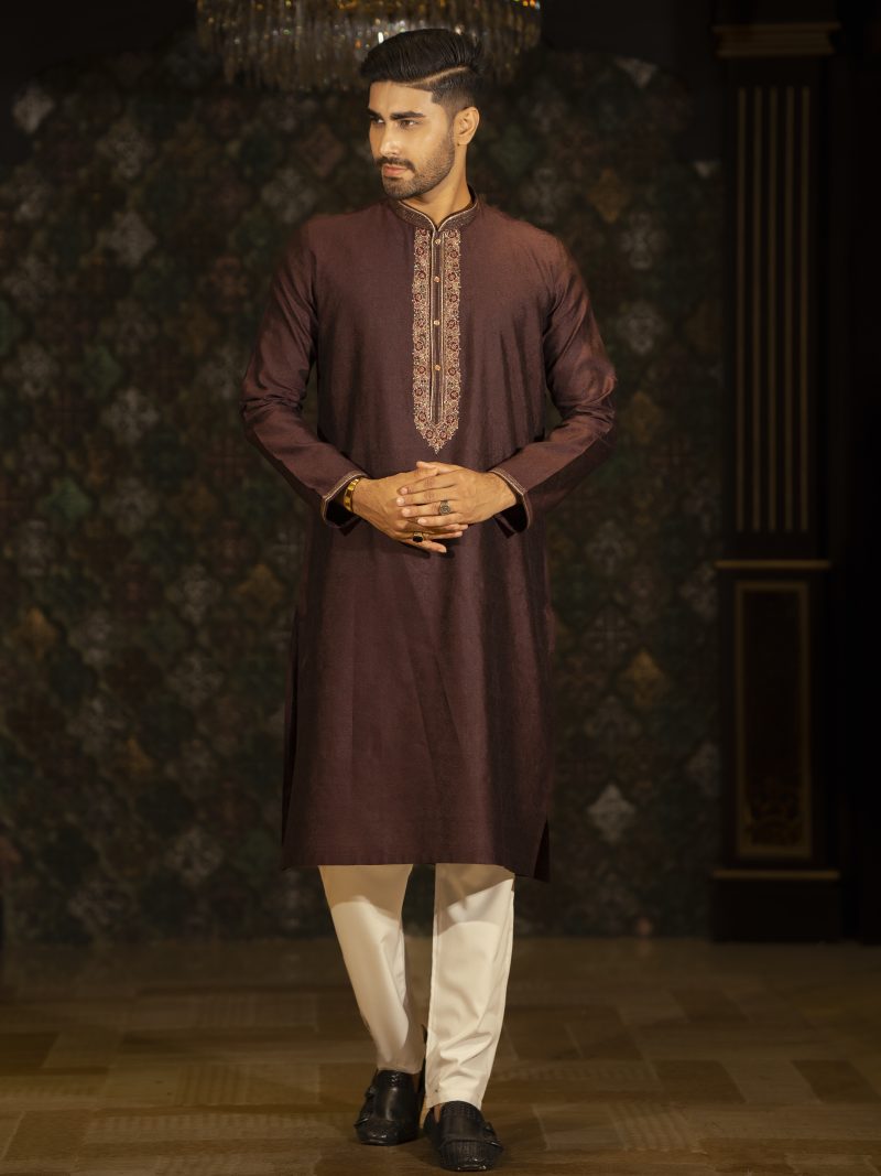 Hand Crafted Chocolate Colored Cotton Panjabi
