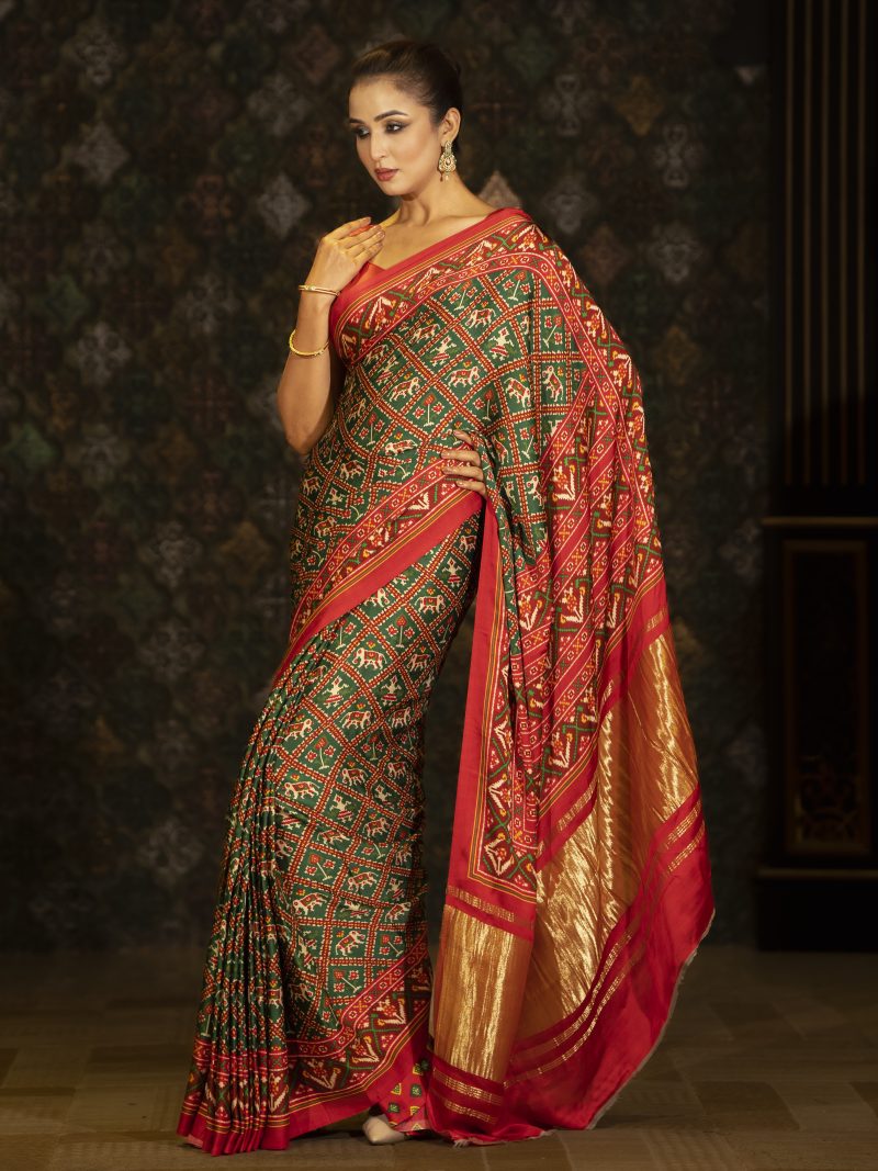 Casual Wear Green Saree Designed In Ajrakh Print