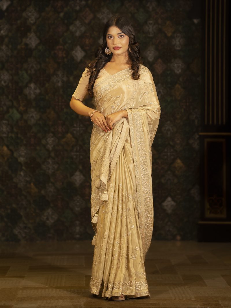 Party Wear Silk Saree Designed In Golden, Burgundy and Dust Maroon Color