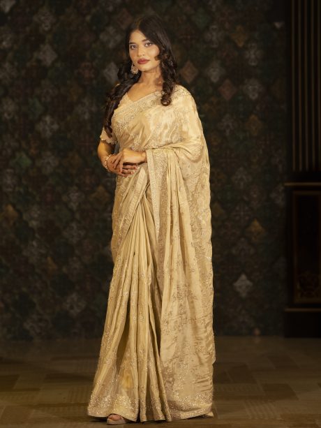 Party Wear Silk Saree Designed In Golden, Burgundy and Dust Maroon Color